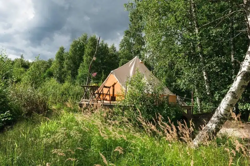 Сафари-шатёр у реки и в берёзовой роще