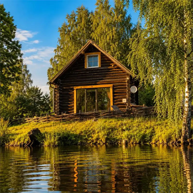 Семейная изба с баней у кромки лесного озера