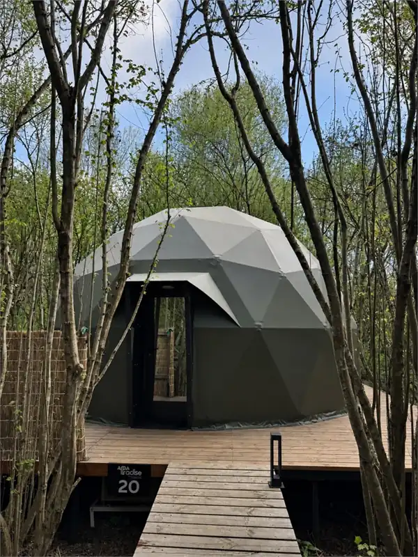 Купол Forest-house в лесу с бочкой фурако