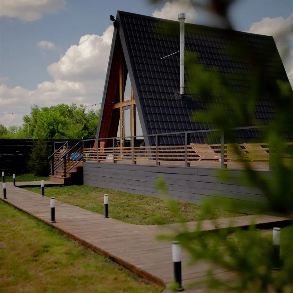 Дом A-Frame «Серый» с баней, чаном и бассейном