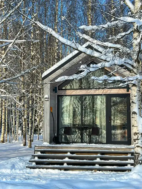Барнхаус «Котики» 35 м² с панорамными окнами и спальней на антресоли