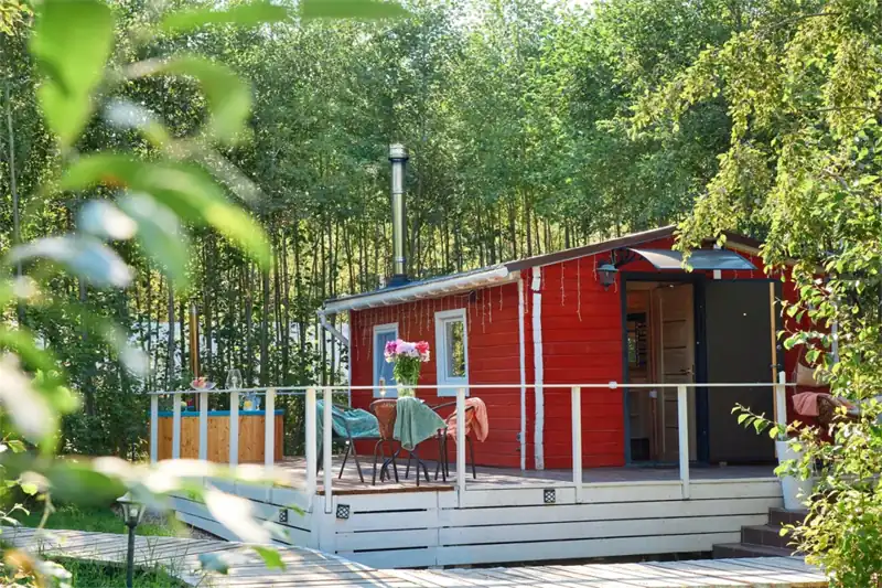 Дом Охотника 45 м² с камином и шезлонгом на террасе